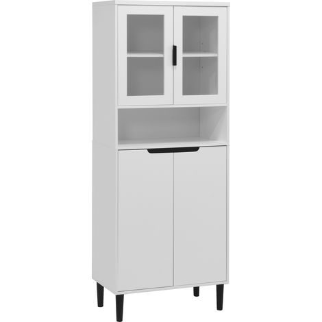 Armoire haute blanche en MDF laqué avec 4 portes et vitrines en verre trempé, rangement pour salon ou chambre (1/5)