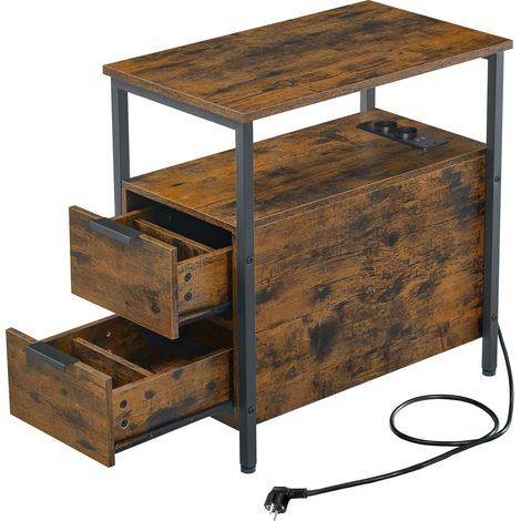 Table d’Appoint avec Multiprise, Petite et Fine avec 2 Tiroirs, Table de Chevet avec Rangement, pour Salon, Chambre, Marron Rustique et Noir d'encre LET325B01 (1/5)
