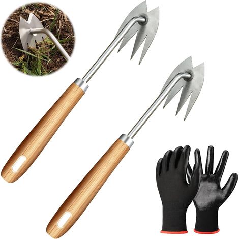 2 Pièces Désherbeur Manuel avec Gants Arrache Mauvaise Herbe Acier Inoxydable Outil de Désherbage avec Manche, Arrache Pissenlit pour Désherbage, Creuser, Jardin Pelouse Jardinage (1/5)