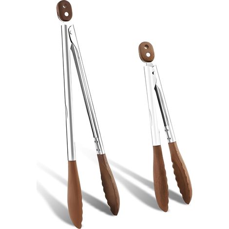 Juego de 2 pinzas de cocina de acero inoxidable y madera: una pinza grande para barbacoa de 38 cm y una pinza pequeña para carne de 31 cm. (1/5)
