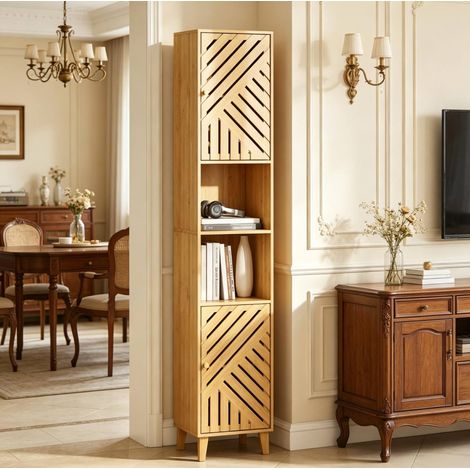 Mueble de baño alto y estrecho de bambú y paneles, 32 x 30 x 170 cm, natural (1/5)
