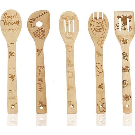 5 cuillères en bois pour cuisine,ustensiles de cuisine en bambou de qualité supérieure,durables et résistants à la chaleur (1/4)