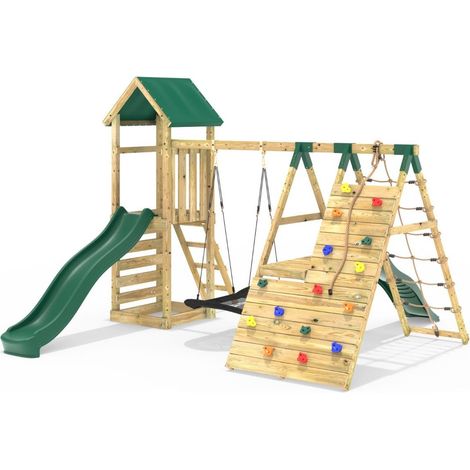 Rebo Wooden Climbing Frame with Swings, 6+8FT Slides & Climbing Wall
