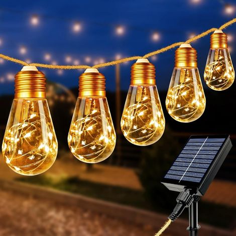 Guirlande lumineuse solaire d'extérieur de 8 m, 16 ampoules, guirlande lumineuse solaire LED rétro, étanche IP65 (1/5)