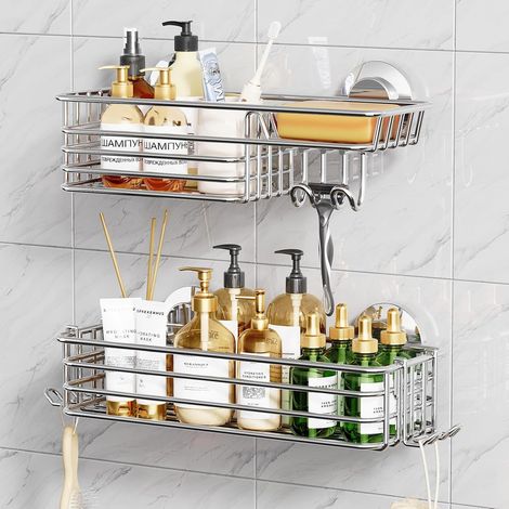 Lot de 2 étagères de douche à ventouse avec crochets et porte-savon - Organiseur de douche robuste pour salle de bain - Sans perçage - Accessoires de salle de bain - Argenté