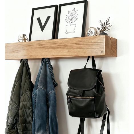 Porte-manteau mural design en bois - Crochets cachés et étagère - Étagère minimaliste en chêne pour couloir, salon ou bureau (moderne, 5 crochets) (1/5)