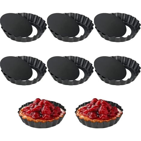 Moldes para tartaletas/mini quiches de 6 piezas con base desmontable, moldes pequeños para tartaletas de 10 cm, revestimiento antiadherente, moldes para hornear con base desmontable (negro)