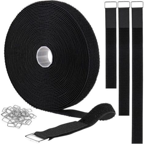 2.5CM x 5M Attache Câble Scratch, Non Adhésif Serre Câble Bande avec 25 Bouton en Métal, Attaches de Câble Réutilisables Réglables pour Ranger et Organiser Tous Les Câbles, Noir (1/5)