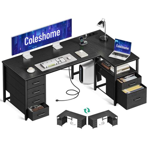 L-förmiger Schreibtisch mit Stoff Schubladen, Aktenschublade, USB-Ladeanschluss (1/5)