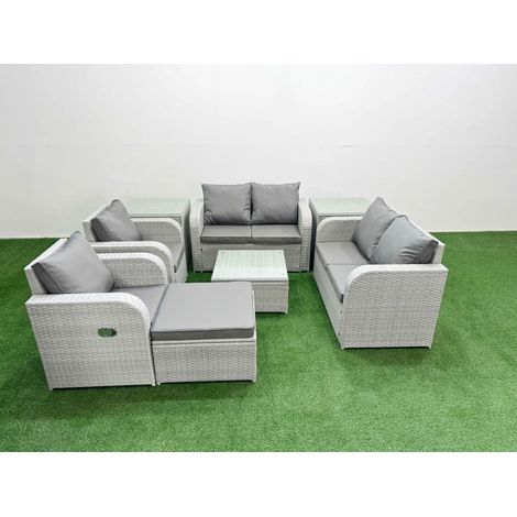 Fimous 7 Seater Outdoor Reclining Chair Love Sofa Set Rattan Garden Furniture Set with Square Coffee Table Footstool 2 Side Tables Light Grey (1/4)