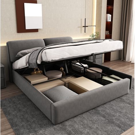 MODFU – Cama de matrimonio con arcón hidráulico 160x200 cm de terciopelo con 3 cajones, cabecero regulable, somier y carga 300 kg – Gris (1/5)