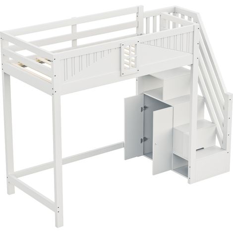 Lit mezzanine en bois massif 90 x 200 cm, porte de sécurité unique avec fenêtre, échelle de sécurité latérale avec tablette, réversible gauche/droite, lit multifonction, blanc (1/5)