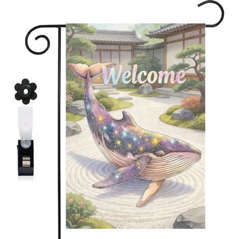 Drapeau de jardin bienvenue 30 x 45 cm motif baleine et décor marin magique toile double face résistante (1/5)