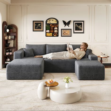 Canapé d'angle 241 cm à motif nuage, style minimaliste moderne, confortable et profond, avec assise profonde et angle intégré. Livré monté. Gris foncé. (1/4)