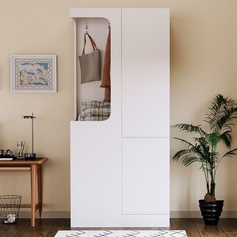 Armoire blanche 70x40x170 cm, avec tiroirs et étagères, penderie ouverte, porte unique, meuble de rangement compact. (1/5)