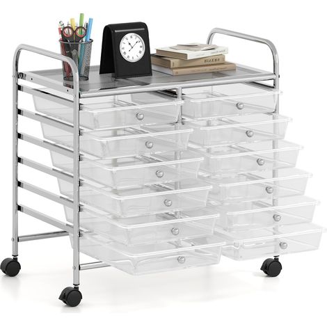 COSTWAY Carrello di Stoccaggio con 20 Cassetti, Carrello portaoggetti con 4 Ruote, Carrello Multiuso per Scuola Ufficio Cucina, 64 x 39 x 88 cm (12 cassetti Trasparente) (1/5)