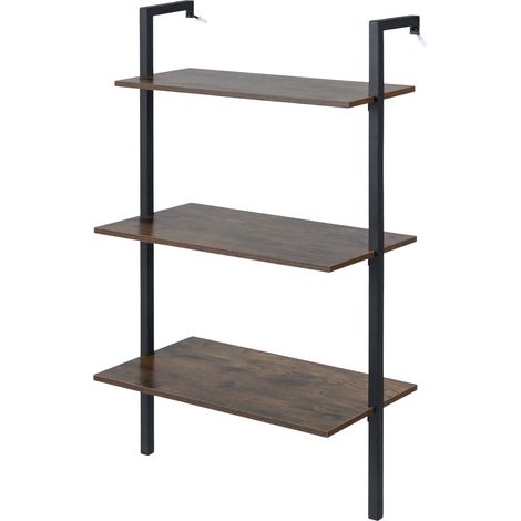 COSTWAY 3-Tier Wall Mounted Shelves Wooden Floating Shelving Unit Metal Ladder Bookshelf Brown