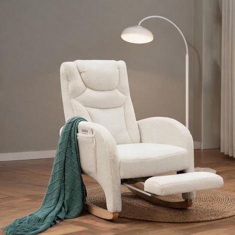 Fauteuil berçant blanc en tissu teddy avec repose-pieds en teddy (1/5)