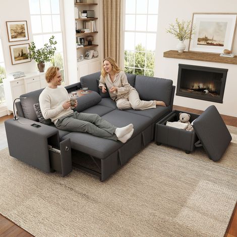 Canapé d'angle convertible 5 places avec lit extractible, pouf coffre, table rabattable, porte-gobelets, USB/Type-C et liseuse, en lin gris (1/5)