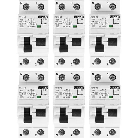 Lot de 6 Disjoncteur Différentiel Magnétothermique CILIA (RCBO) 1P+N 30mA Type AC, Courbe C, 6kA 2 Modules, 230V pour Tableau Électrique, 20A