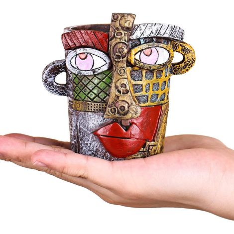 Mini Pot de Fleurs Visage en résine avec Trou de Drainage, Design Graffiti coloré, Petit Pot pour succulentes/Cactus, décoration pour Bureau, étagère, Balcon - H 9,5 cm (Couleur Ancienne) (1/5)