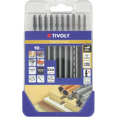 Tivoly • Coffret 10 lames de scie sauteuse pour le bois, mélaminés et métaux non ferreux -Attache T 
