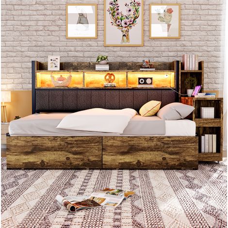 Bett 90x200 cm multifunktional aus Metall und Holz, Naturholzfarbe, mit ausziehbarem Schreibtisch und Stauraum (1/5)