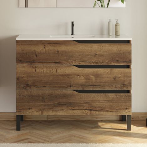 Meuble sous vasque seul, 3 tiroirs, 100cm, pour simple vasque - tabaco (chêne foncé) - MATA