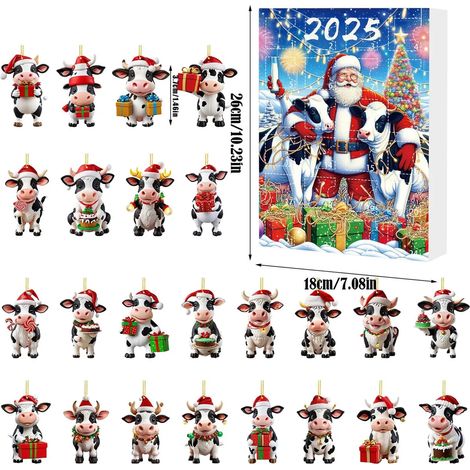 Calendrier de l'Avent Vache 2025, 24 jours, compte à rebours de Noël avec décorations suspendues en acrylique 2D représentant une vache des Highlands, adorable décoration pour sapin de Noël (1/5)