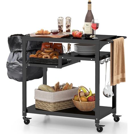 Portable Grill Cart Outdoor Pizza Oven Table Movable BBQ Cart w/ Shelves & Hooks