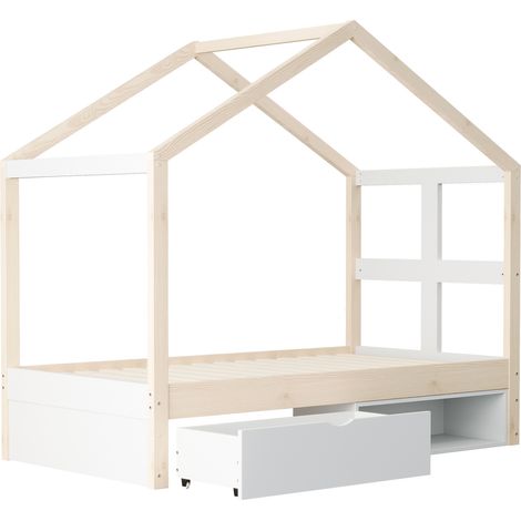 Cama casita 90 x 190 cm con cajones, zapatero y LED multicolor, madera natural (1/5)