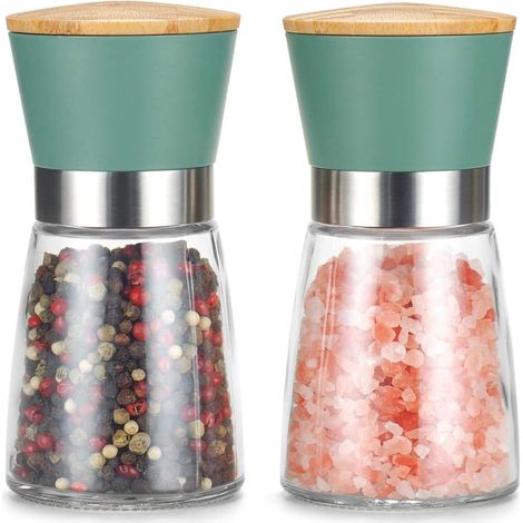 Ensemble de moulins à sel et à poivre manuels avec capuchon en bambou – Moulin à sel et à poivre grossier réglable – Burr en céramique rechargeable, cadeau de cuisine, salière et poivrière, vert