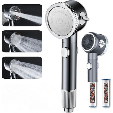 Douchette à Trois Jets Grise avec Butée de Buse Intégrée – Support Électroplaqué – Accessoire Salle de Bain (1/5)