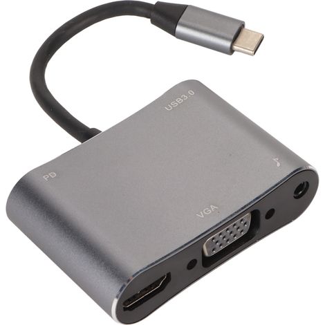 Station d'accueil 5 en 1 : interface multimédia USB 3.0 4K HD, port USB Type-C vers VGA, prise jack 3,5 mm, alimentation PD 87 W, alliage d'aluminium, pour téléphone et ordinateur. (1/5)