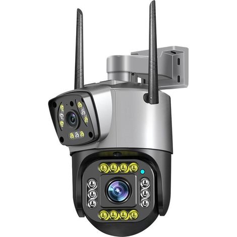 Caméra de surveillance WiFi extérieure double objectif double écran, caméra PTZ sans fil 1080P Full HD, rotation 355° pan 90° tilt, étanche IP66, audio bidirectionnel, vision nocturne infrarouge 10m (1/4)
