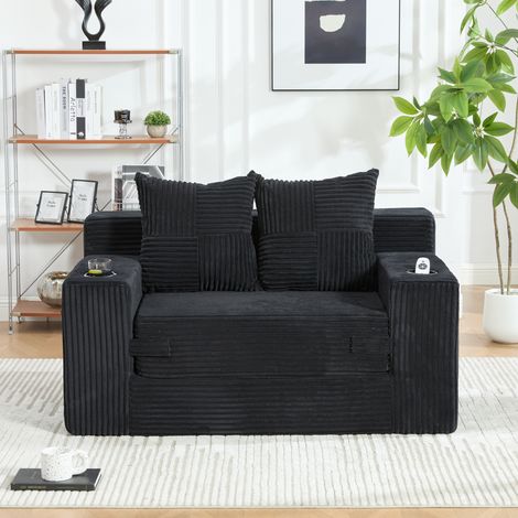 Canapé-lit 133x87x64 cm - 2 places - convertible - pouf avec rangement latéral - 2 coussins - porte-gobelet - velours côtelé - Noir (1/4)
