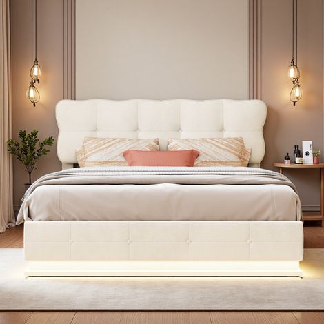 Lit coffre 140x200 cm, avec LED, matelas gonflable avec rangement, lit double, cadre de lit rembourré, velours, beige (livraison locale) (1/5)