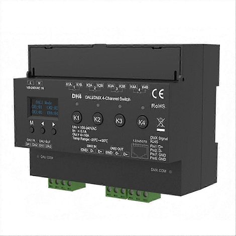 Commutateur DMX 4 canaux compatible avec écran OLED, relais à contacts secs 4 canaux, 4 adresses, montage sur rail DIN, alimentation 100-240 V CA, QV.WHBYV (1/4)