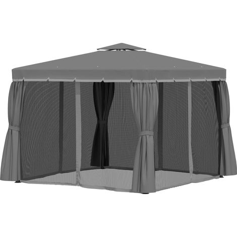Tonnelle de jardin 3x3 m aluminium double toit rideaux moustiquaire gris foncé