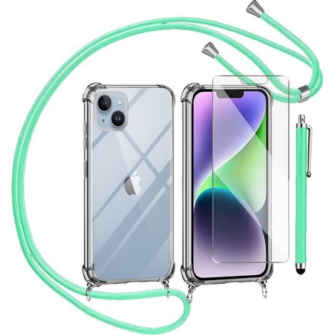 CUSTODIA PER APPLE IPHONE 14 Plus IN VETRO TEMPERATO CON CORDINO E STILO VERDE (1/5)