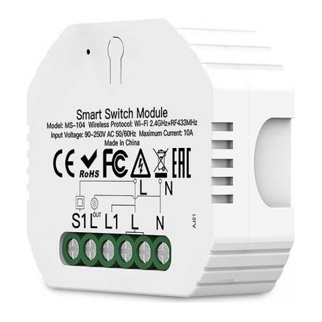 Relè Passo Passo Interruttore WiFi 2.4G + BLE + RF 433MHz, 3 in 1, 10A Bluetooth BLE Mesh, TUYA, Compatibile Smart Life, 2200W, AC 90-250V 50/60Hz, 53x48x18mm IP20 SH104