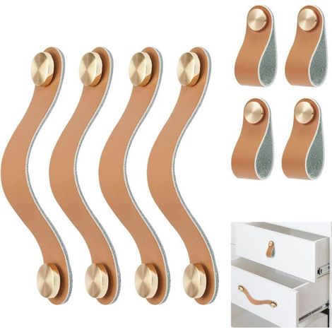 Vintage leather furniture handles with brass loops – Set of 4 for cupboards and kitchen cabinets