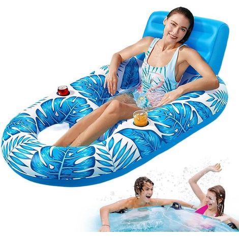 Tumbona hinchable para piscina - Relájate en el agua - Con portavasos - 160x120cm - Azul (1/5)