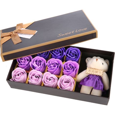 Ours En Peluche Violet Avec 12 Roses De Savon - Cadeau Romantique Dans Boîte Pour Saint-Valentin - Ensemble Décoratif (1/5)