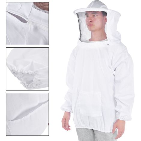 Combinaison d'apiculteur (quatre en un) : bonnet blanc, combinaison intégrale, grattoir en forme de J, brosse à abeilles et gants en peau de mouton. (1/5)