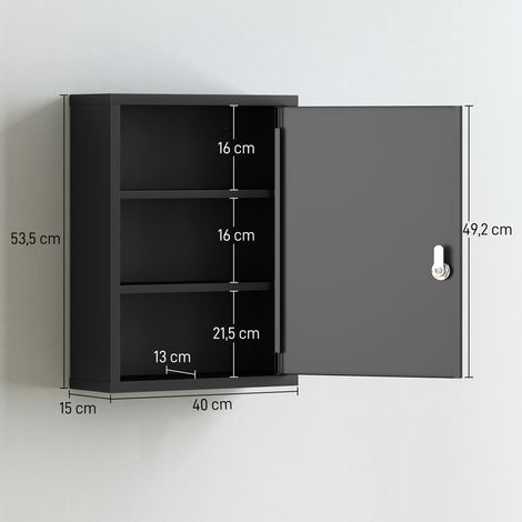 Armoire à pharmacie murale avec serrure, armoire murale en acier à 3 niveaux, 40 x 15 x 53,5 cm, noire (1/5)
