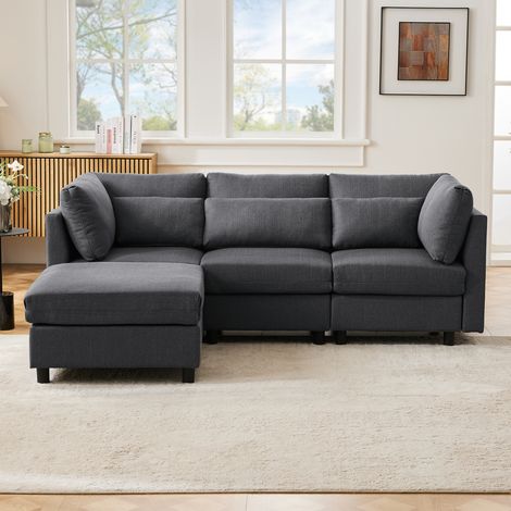 3-Sitzer-Sofa mit Kissen + beweglicher Fußstütze, Wohnzimmersofa, Leinen- und Baumwollstoffe, 220 x 83 x 81cm, grau