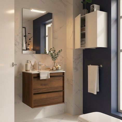 Mobile Bagno Sospeso 60 cm con Lavabo in Ceramica e 2 Cassetti Noce Maya – Urban