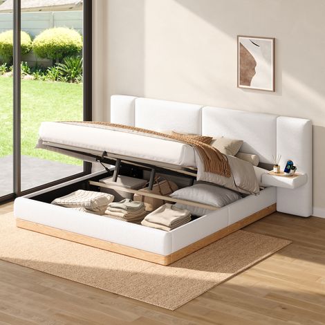 Lit coffre rembourré 140x200 cm - port usb - sommier relevable - grand rangement - sommier à lattes - mdf - design moderne - gain de place - blanc (1/5)