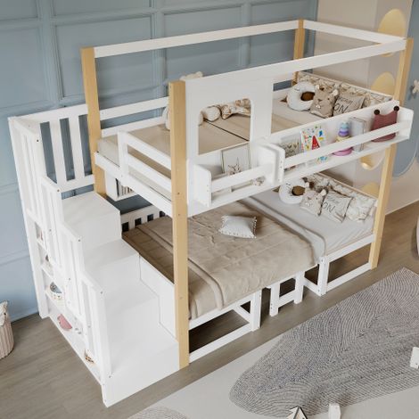 90 x 200 cm, lit superposé pour enfants, bureau multifonctionnel à hauteur réglable, avec petite étagère et échelle de rangement, en pin + panneaux de fibres à densité moyenne + contreplaqué, blanc + 